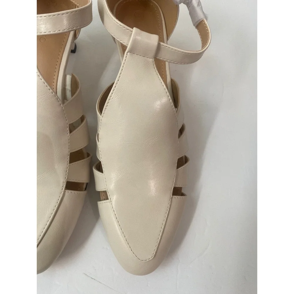 Coutgo Womens Cream T-Strap Pointed Toe Caged Kitten Heels Pumps Size‎ 9.5